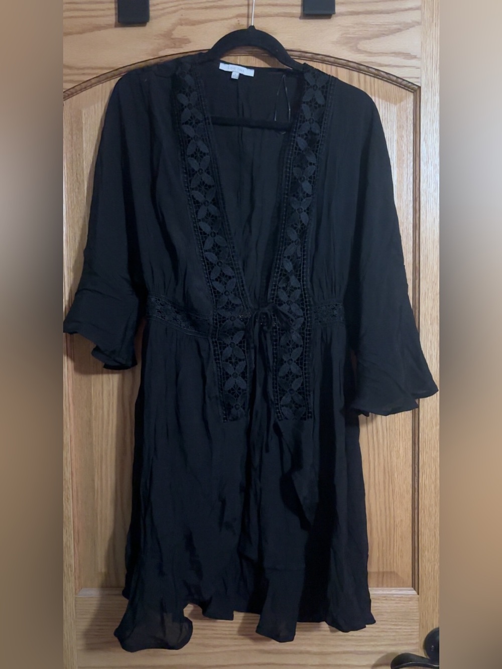 Love Tree Black Crochet Trim Tie-Front Kimono Jacket